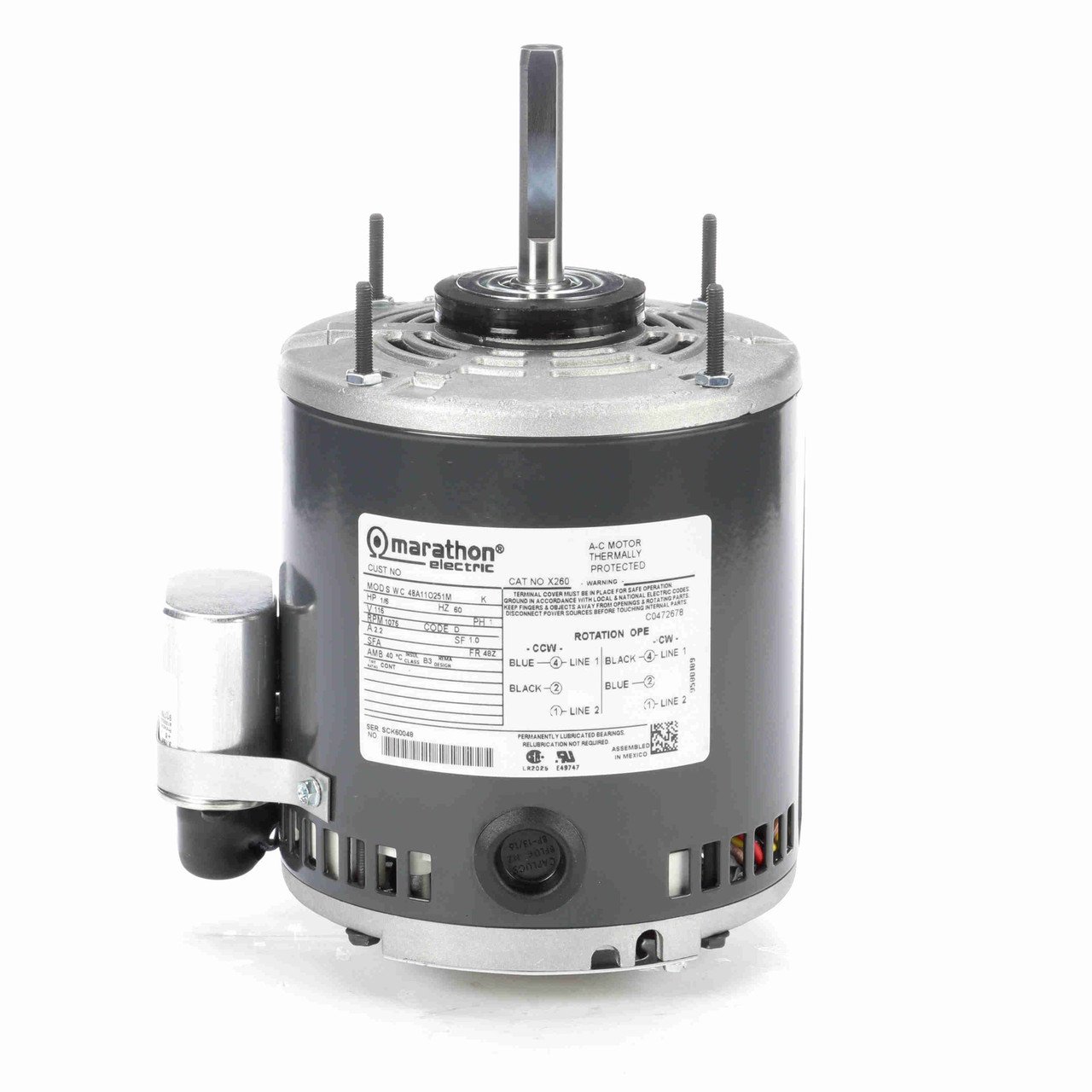 X260, 1/6 HP, 1140 Rpm, 48Y FR, 115 Vac, 1 PH, Permanent Split Capacitor, Resilient Rings - Extended Studs, 48A11O251 Open Air Over OEM Greenheck Fan Motor (Copy)