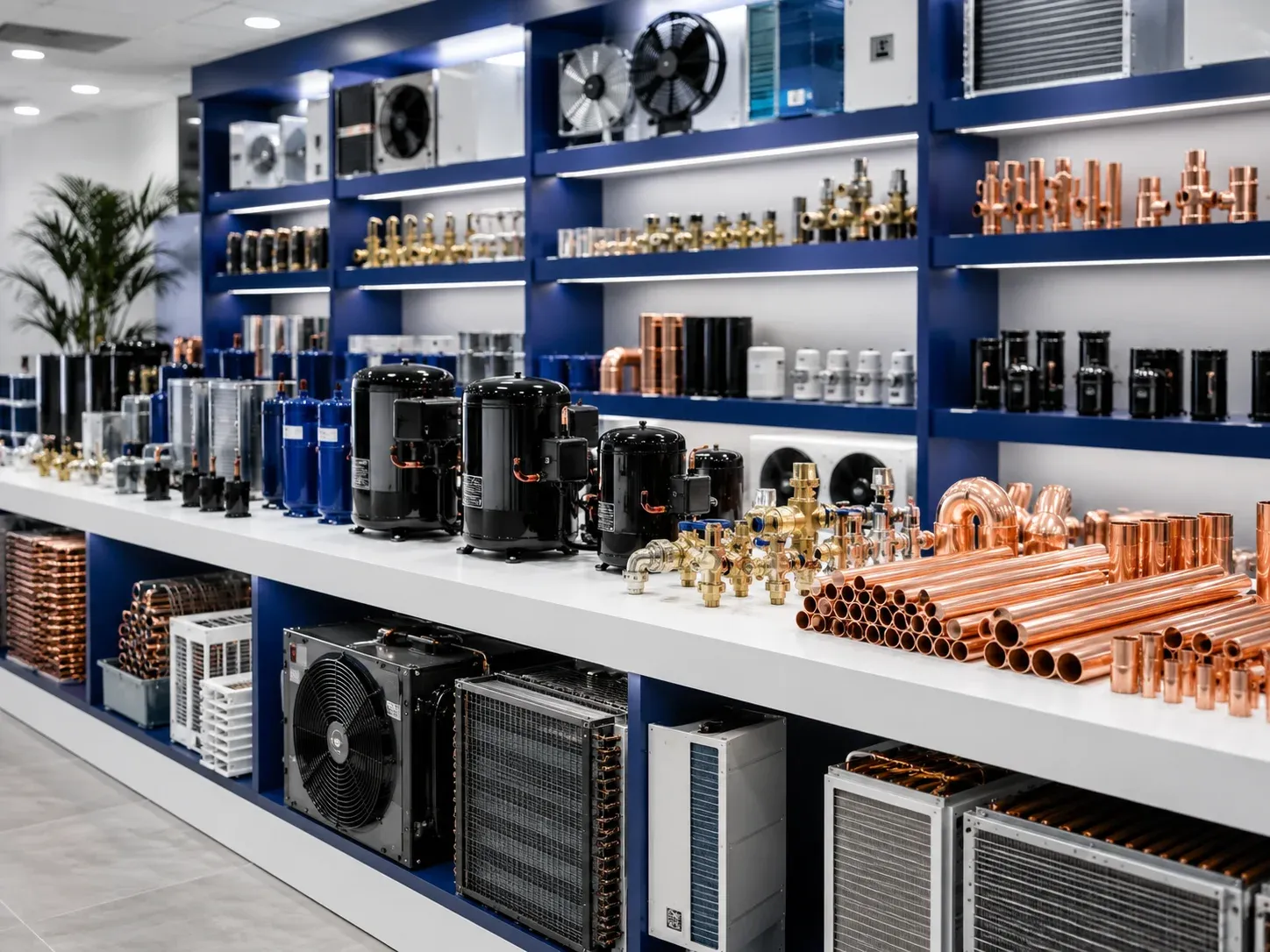 Organized HVAC spare parts copper fittings and refrigeration components supplier display